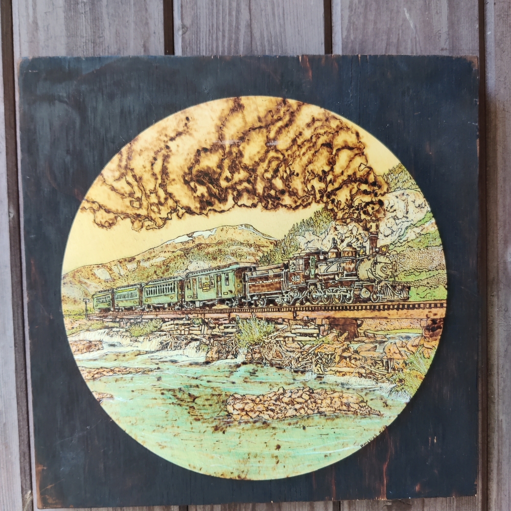 Steam Train Pyrography Woodburned Wall Art Signed 14x14 Handmade Railroad Bridge